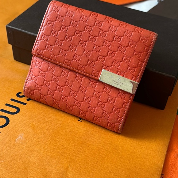 GUCCI Tri Fold Wallet Micro Sima GG Orange Leather - Picture 1 of 12